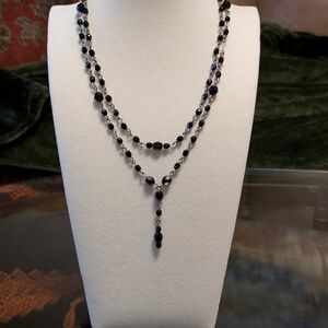 Black Crystal And Silver Tone Wire Handmade Double Stranded Drop Necklace